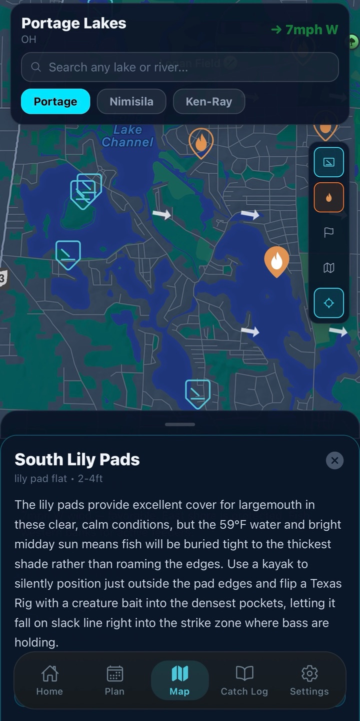 CatchYak AI map of Portage Lakes, Ohio, showing launch points, likely fishing spots, wind direction, and AI advice for a lily pad flat